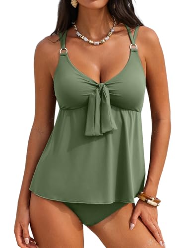 Image of Dokotoo Women's Tankini Sets Swimming Costume Women Tankinis Swimsuits Two Piece V-Neck Tie Front Flowy Swim Top with Bottom Tummy Control Swimwear Beach Bathing Suits Womens Swimsuit Green S