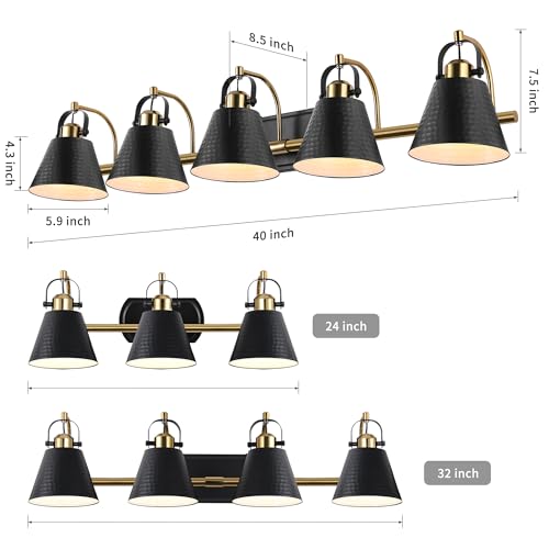 5-Lights Black and Gold Vanity Light, 40inch Modern Farmhouse Vanity Lights, Bathroom Light Fixtures Over Mirror with Hammered Metal Shade, Brushed Gold Wall Lamp for Bath Mirror Living Room Cabinet by PAZALA - Used condition - Image 5