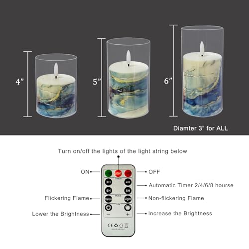 Image of Flickering Flameless Candles Dark Blue Marble Embedded Star String Lights, Battery Operated Acrylic LED Pillar Candles with 11-Key Remote and Timer for Home Decoration, 3 Pack