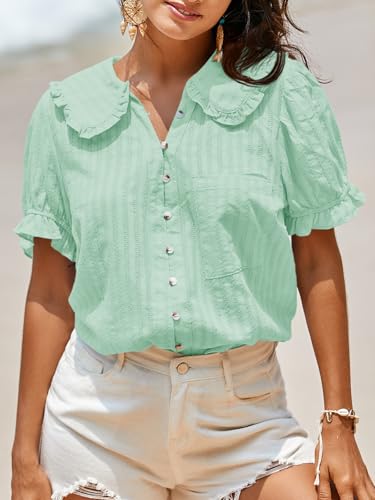 Image of Tankaneo Womens Puff Sleeve Shirts Peter Pan Collar Button Down Cotton Blouse Casual Summer Textured Tops