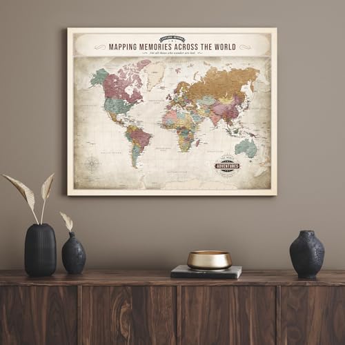 Image of DECORARTS - World Travel Map with Pins, Pin Board Canvas Wall Art, Soft Vintage Pastel World Maps for Wall, Giclee Print on Canvas, Handcrafted in USA, 20x16''