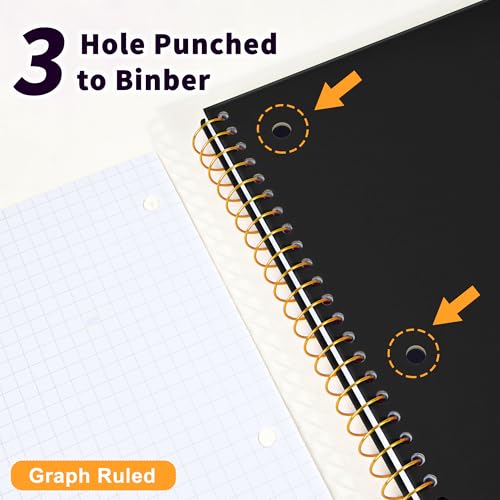 Spiral Notebook Graph Ruled Paper 8" x 10 1/2", 1 Subject Spiral Grid Notebook 3-Hole Punched Perforated Page Ideal for School, Office, Writing, 95 Sheets Lined Journaling Graphing Notebook, Black - Image 6