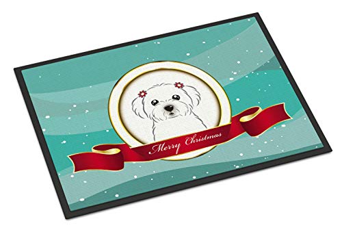 Caroline's Treasures BB1518MAT Maltese Merry Christmas Doormat 18x27 Front Door Mat Indoor Outdoor Rugs for Entryway, Non Slip Washable Low Pile, 18H X 27W