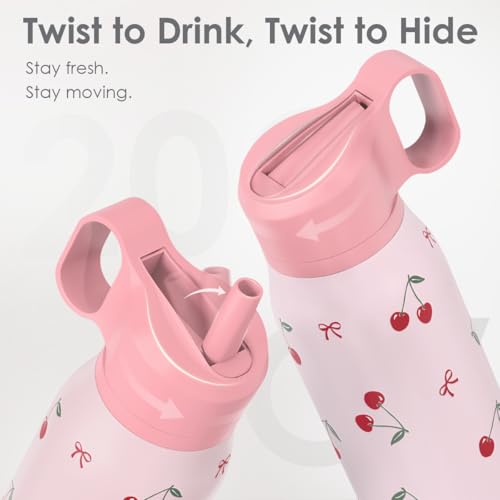 Image of Cherry Water Bottle with Twist Lid Insulated Stainless Steel 20oz, Travel Water Bottles for Sports & Gym, Gift for Women Girfriend Birthday Christmas