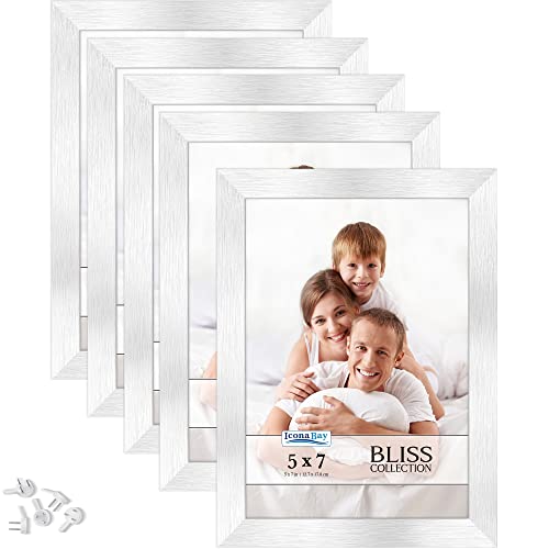Icona Bay 5x7 Picture Frames, Silver, 5 Pack, Modern Engineered Wood, Bliss