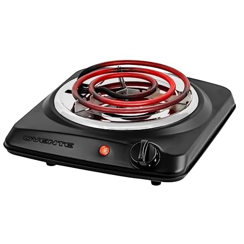 OVENTE Electric Countertop Single Burner, 1000W Cooktop with 6″ Stainless Steel Coil Hot Plate, 5 Level Temperature Control, Indicator Light, Compact Cooking Stove and Easy to Clean, Black BGC101B