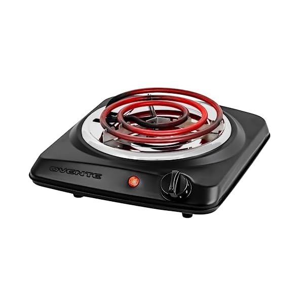 OVENTE Electric Countertop Single Burner, 1000W Cooktop with 6″ Stainless Steel Coil Hot Plate, 5 Level Temperature Control, Indicator Light, Compact Cooking Stove and Easy to Clean, Black BGC101B