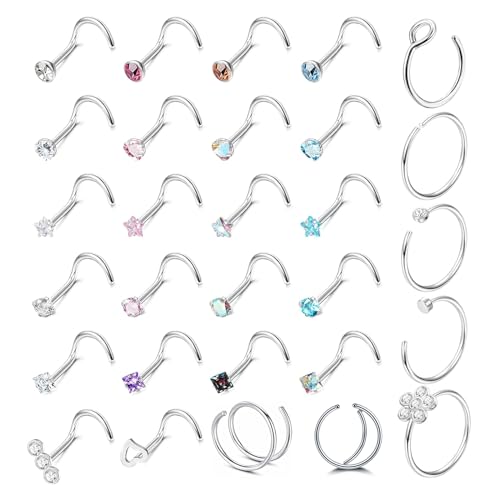 DGUSO 20G Anillos Nariz de Acero Inoxidable, 29 Piezas Piercing Nariz Aro Plata En Forma de L, Pendientes de Plata para Nariz Anillos Juego de Aros L, Joyas Tornillo Nariz Acero Inoxidable