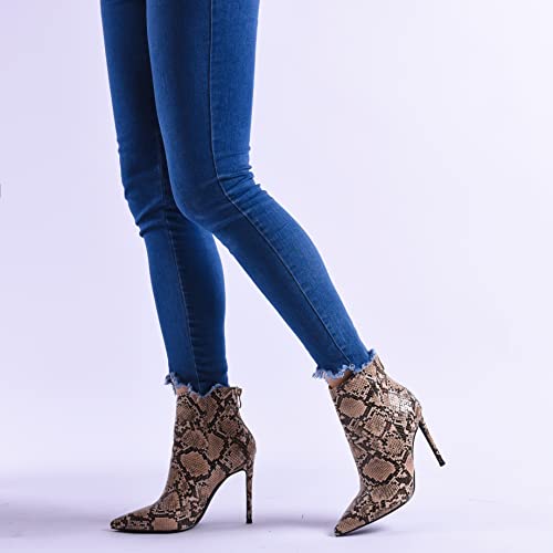 Elisabet Tang Women Heeled Ankle Booties,Sexy Pointed Toe 4.3 Inch Stiletto High Heel Fashion Ankle & Bootie With Back Zipper Dress Evening Party Boots Shoes Brown Snakeskin Matte Size 8.5 #TOP4