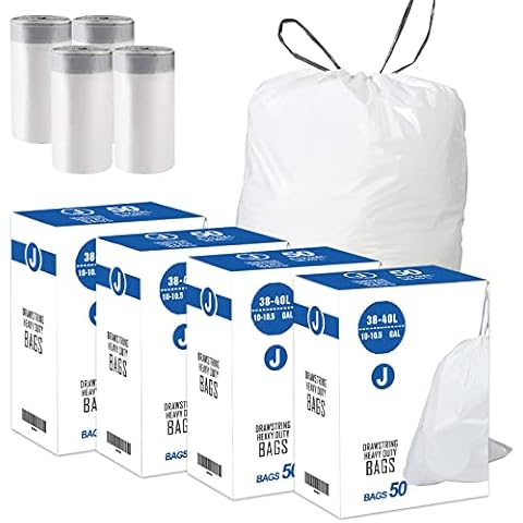 DisplayForever 4 Packs(200 Count Total) Code J 10-10.5 Gallon Heavy Duty Drawstring Plastic Trash Bags Compatible with simplehuman | 1.2 Mil White Garbage Liners Gallon/38-40 Liter Count) Cover