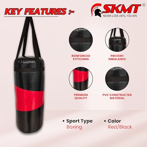 Image of SKMT Never Lose Until You Win Escobar Kids PVC Boxing Kit Filled Punching Bag, Gloves and Headgear (Red and Black, Age 2-8 Years)