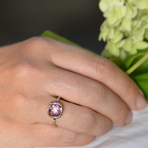 Purple Amethyst Pave Ring, White Topaz Paved Ring, Stackable Ring, Vermeil Gold Or Silver, Bezel Set Ring, Cushion Ring, February Birthstone Ring, Mother's Day Gift, Stacking Ring, Stackable Ring #TOP2