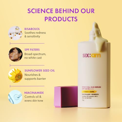 Image of SIX:AM 3-in-1 Korean Sunscreen SPF 50 PA++++ with 2% Niacinamide & Bisabolol | Anti-ageing & Brightening Sun screen for Sensitive, oily and dry skin | Lightweight, Non-Sticky Serum + Moisturiser + Sunscreen for Sun Protection | No White Cast