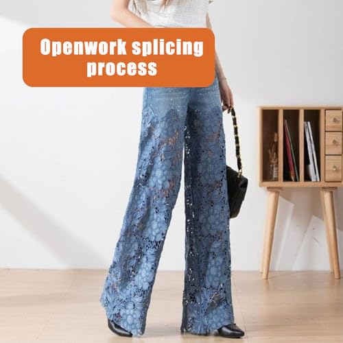 Fashion Lace Patchwork Denim Jeans – Hollow-Out Wide-Leg High Waist Pants for Women2