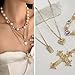 Gold Statement Necklace For Women Dainty Pearl Colorful Crystal Gemstone Necklace Multilayered Gold Heart-Shaped Cross Pearl Necklace Fashion Jewelry For Women (four)