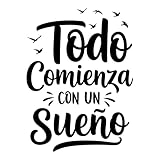 Vinilo Decorativo de Pared con Frase Motivadora en Español 'Todo Comienza con un Sueño', Pegatina Adhesiva para Decoración del Hogar, Oficina o Estudio (Negro, 27 x 20 cm)