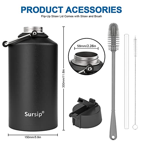 Sursip 128 Oz Insulated Water Jug With Straw Lid, One Gallon Vacuum Double Wall Stainless Steel Water Bottle With Handle, Keep Hot & Cold Drinks, Great For Outdoor Sports/Travel/Camping (Navy Blue) #TOP6