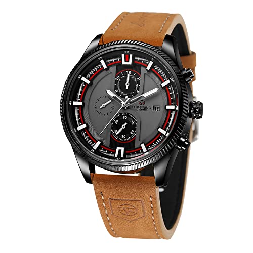 FORSINING Men's Automatic Tourbillon Waterproof Calendar with Brown Leather Band Wrist Watch