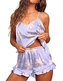 Ekouaer Satin Pajama Set for Women 2 Piece Camisole Top and Shorts Silk Lingerie with Ruffle Floral Nightwear