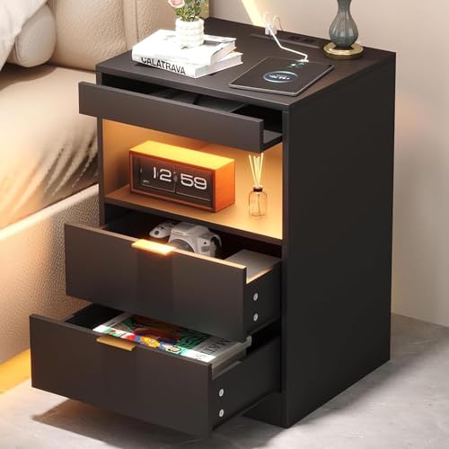Yusong Night Stand, Bedside Table, LED Nightstand with Charging Station, Modern Night Stand, Wood...