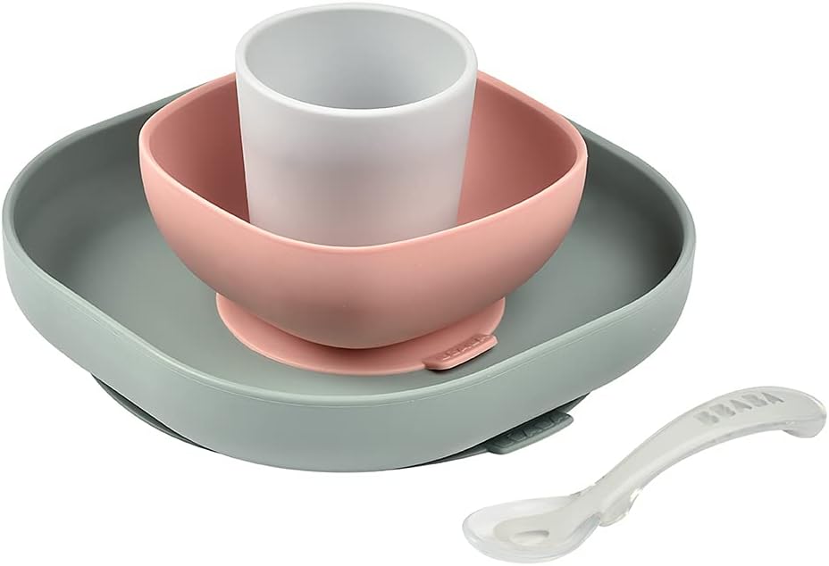 Béaba Silicone 4-Piece Dishware - 100% Silicone Baby Plate Set, Baby Bowls - Includes Baby Plate, Baby Bowl, Baby Cup, 2nd Stage Silicone Spoon, (Eucalyptus)