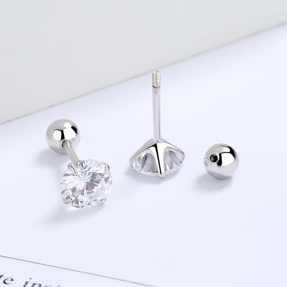 925 Sterling Silver Cubic Zirconia Stud Earrings for Women Men 3-6mm Round CZ Screw Back Studs Cartilage Earring Helix Tragus Earlobe Piercings Simple Jewelry - Image 3