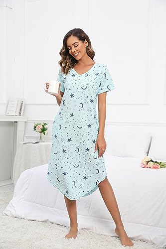 PNAEONG Women Short Sleeve Long Nightgown Soft Cotton Sleepwear Nightshirts Loungewear with Pockets3