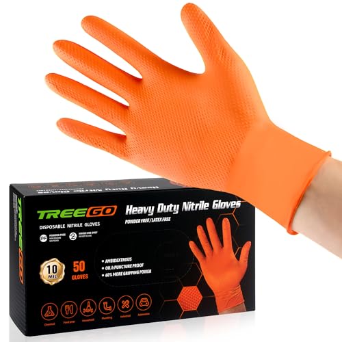 TREEGO 10 Mil Nitrile Gloves Disposable Orange Gloves - Heavy Duty Rubber Mechanic Gloves with Double Diamond Grip, Latex Free Industrial Work Gloves for Tools & Garage, 50 Count Medium