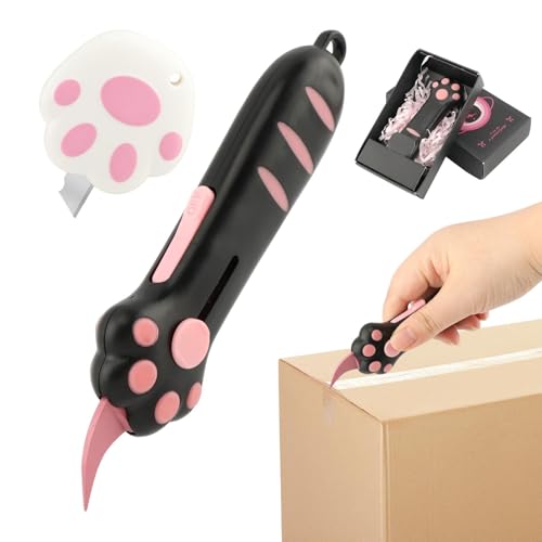 2 Pack Cat Paw Box Cutter Portable Retractable Kitty Claw Box Cutter Mini Utility Knife for Cats Lovers Cute Cat Claw Knife for Effortlessly Opening Boxes Cartons Packages & Sealing Tape