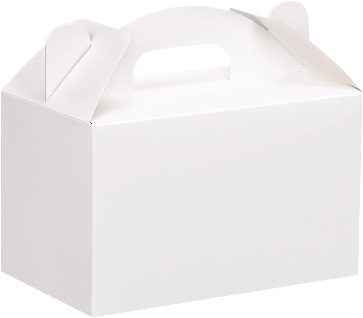 Moretoes 48 Pack White Party Favor Treat Boxes, 6x3.5x3.5 Inches Candy Cookie Goodie Gable Paper Gift Boxes with Handles. For Kids Birthday Wedding,Baby Shower