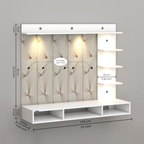 Image of Anikaa Tyron Engineered Wood Wall-Mount TV Unit with PVC Back Panel & LED Lights | TV Cabinet with Storage Box & Decorative Shelves (White) | Ideal for TVs up to 43 Inch | DIY Installation