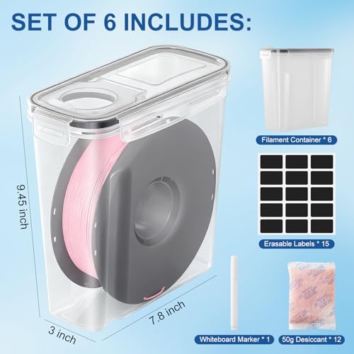 Image of 3D Printer Filament Dry Box, 6-Pack Airtight 4.0L Storage Container with Desiccant Bags & Labels, Transparent Dust-Proof Organizer for 1KG Spools, 3D Printing Accessories (6)