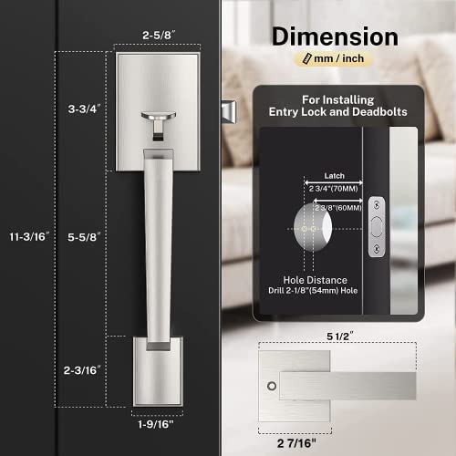 Brightify Front Door Handle, Modern Exterior Door Handle With Passage Door Lever, Front Entry Door Handle No Lock, Reversible For Left & Right Handed Door, Lower Half Grip - Satin Nickel Finish #TOP5