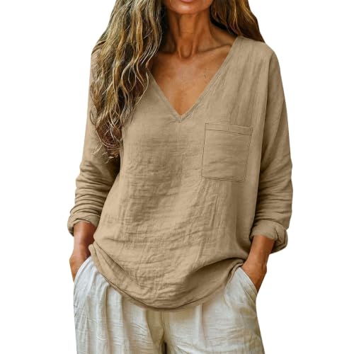 Cotton Shirts for Women Long Sleeve Linen Gauze Shirts Khaki 3XL