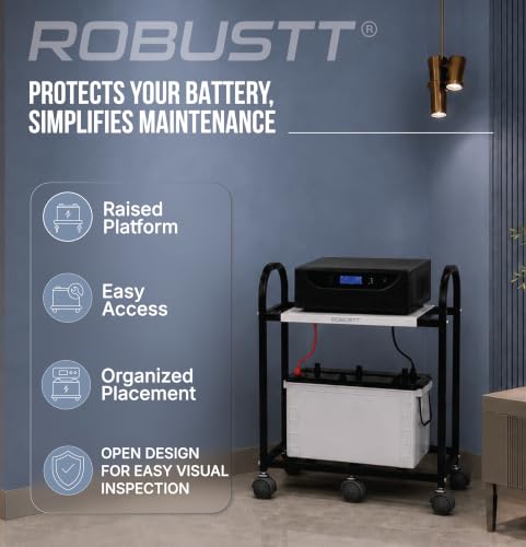 Robustt 2-Tier Metal UPS Inverter Trolley for Home | Heavy-Duty Inverter Battery Stand | 100 kg Load Capacity | Powder-Coated Rust-Resistant Frame | 5 Plastic 360° Swivel Wheels | Black - Image 4