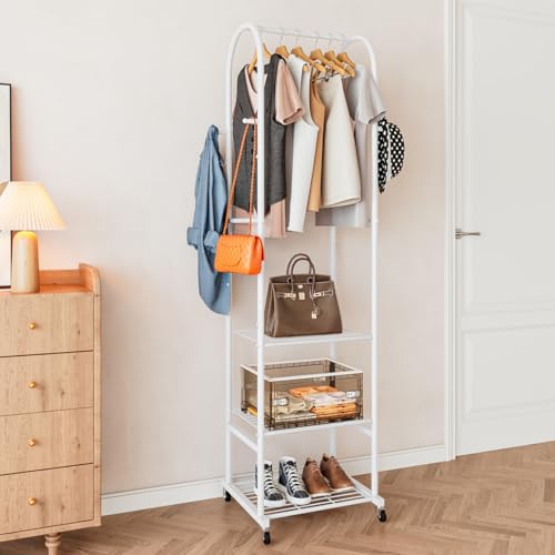 Dazioter Kleiderständer mit Rädern und 3-stufigen Metallböden, Kleiderstangen zum Aufhängen von Kleidung mit 4 Haken, Kleiderständer Garderobe Organisator für kleinen Raum, weiß