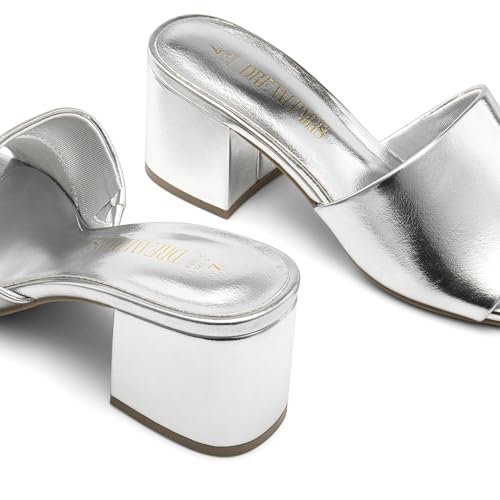 DREAM PAIRS Women's Square Open Toe Heels Sandals Low Block Chunky Heeled Sandals Slide Sandals Slip on Comfortable Casual Pumps Shoes,Size 10,Silver-PU,SDHS2432W