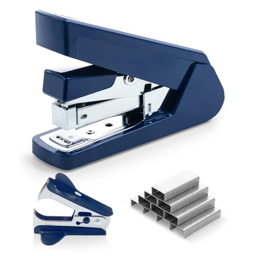 Image of M&G Effortless Stapler 50 Sheet Capacity One-Touch Stapling, Heavy Duty Desktop Stapler Includes 1000 Staples and Remover, Portable Handheld Staplers for Home & Office (Dark Blue)