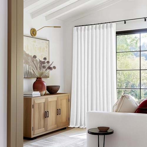 Image of Extra Wide Pinch Pleated Linen Curtains 90 Inches Long 70 Inch Width for Living Room Bedroom Light Filtering White Semi Sheer Pleat Window Curtain Pinch Pleated Drape with Hooks Rings 1 Panel 70x90