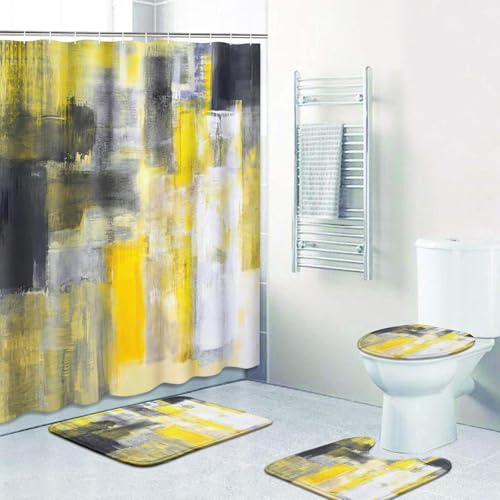 Britimes 4 Piece Shower Curtain Sets with 12 Hooks, Yellow Gray White with Non-Slip Rugs, Toilet Lid Cover and Bath Mat for Bathroom Decor Set 72" x 72" by Britimes - Used condition - US$20.89