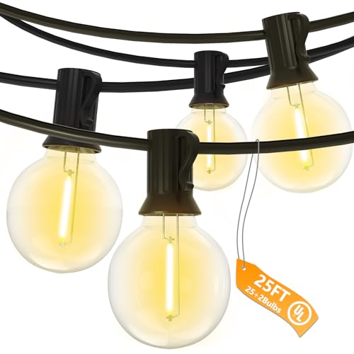 SUNSGNE Cadena de luces LED G40 para exteriores, impermeable, inastillable, 25 pies, para exteriores, con 25 luces LED de plástico transparente para cafetería, bistró, porche, pérgola, tiendas de