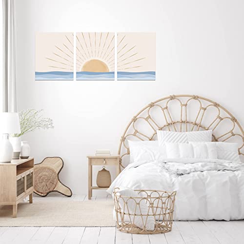 Boho Wall Art Set Of 3, Neutral Geometric Sun Rising On The Sea Minimalist Art Framed Canvas Prints Artwork, Mid Century Modern Boho Sun Wall Art Decor For Bathroom, Bedroom, Living Room, Office #TOP3