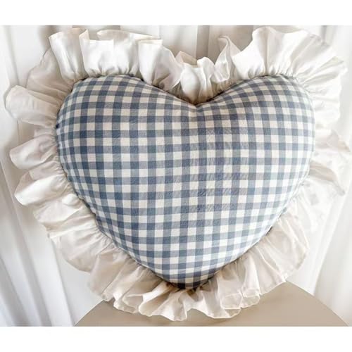 HOLY HOME Heart-Shaped Decorative Pillow, Blue and White Gingham Check