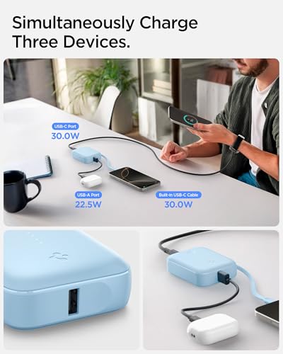 Image of Spigen ArcPack 10000mAh Power Bank with Built-in USB-C Cable,30.0W Fast Charging, 1 Type-C Cable, 1 Type-C Port, 1 USB-A Port - (ABS + PC | Cream Blue)