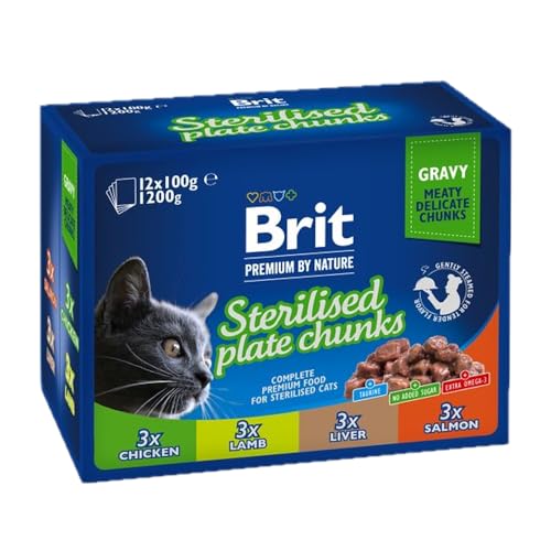 Brit Mokra karma premium dla sterylizowanych kotów, 4 smaki, mięso i ryby w sosie, 12 x 100 g