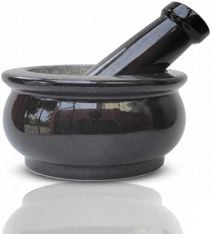 MYNAKSHA Pure Granite Mortar and Pestle Set - Kalvam/Kharal for Kitchen, Heavy Stone Okhli Musal, Compact Spice Mixer & Herb Crusher - 6 Inch (Black)