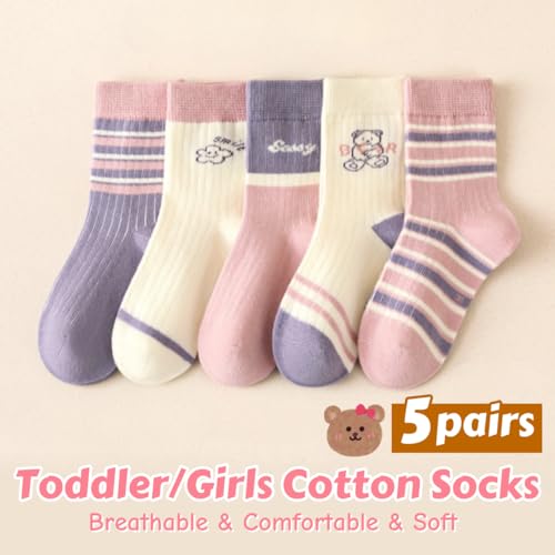 5 Pairs Toddler Girl Kids Socks, Cute Bear Pink Soft Cotton Crew Socks, 1~12Years2