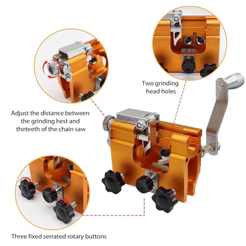 Kettensäge Schärfgerät, Tragbar Handkurbeln Kettensägenschärfer mit 5 Schleifköpfen, Motorsägen Kettenschärfgerät mit Winkelführung, Kettenschärfer Universal-Schärfer für alle Kettensägen (Gelb)