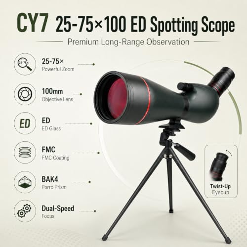 Image of HINISO 25-75x100mm ED Spotting Scope with HD Optics, BAK4 Prism, Dual Focus Knob, Waterproof & Fog Proof Telescope for Bird Watching, Hunting, Wildlife, Stargazing with Tripod & Phone Adapter