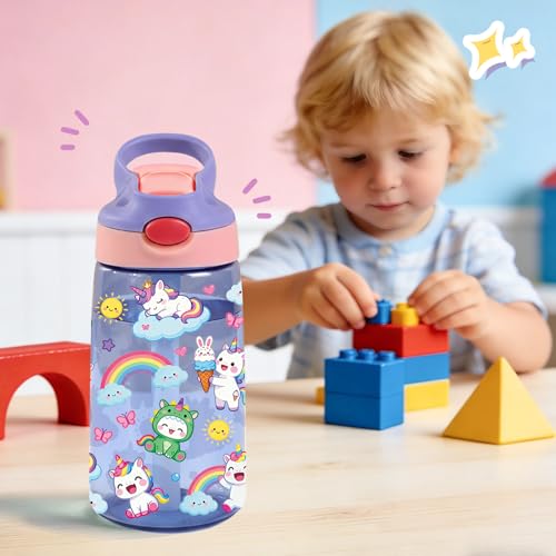 Image of 14oz Unicorn Kids Water Bottle with Straw - Rainbow Water Bottle For School, Leakproof, Lightweight, Durable Plastic Bottles for Kids Travel, Pop-Up Straw Cover, Gift Cup for Girls (Unicorn)